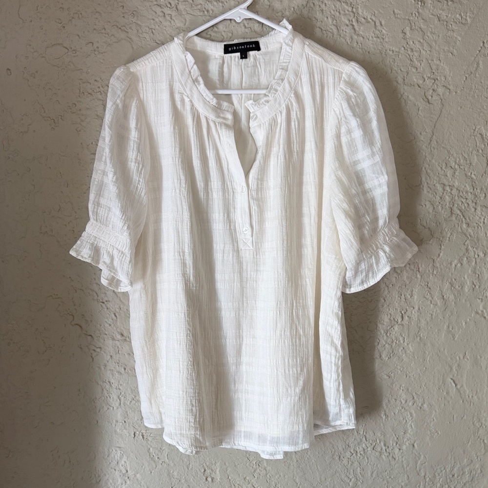 Gibsonlook Cream Ruffle-Sleeve Textured Peasant Blouse